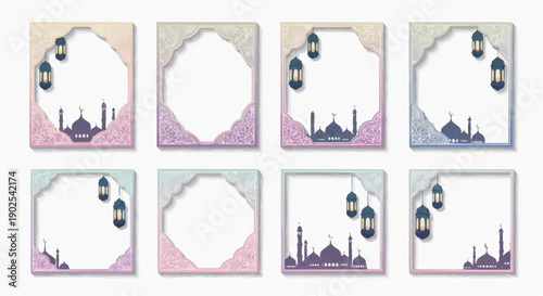 Set of eight islamic themed frames with mosque silhouettes and lanterns in pastel colors ideal for ramadan or eid celebrations