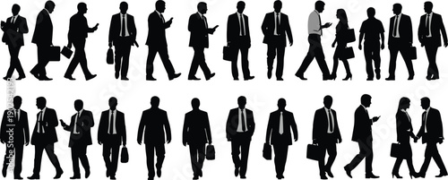 Set of silhouette business people walking with briefcases
