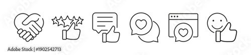 Customer Feedback and Interaction Line Icons Set, Handshake, Rating, Review, Chat and Support Symbols in Modern Outline Style for Business, Web and App UI.