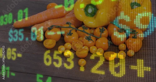 Fototapeta Showing orange cherry tomatoes, carrots, yellow peppers arranged on dark wood table, ticker overlay