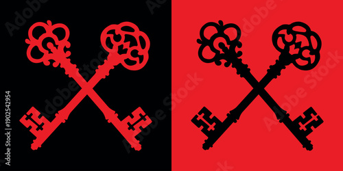 Two Crossed Keys simple icon vector logo Illustration on black and red colors.