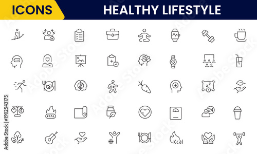 Healthy lifestyle icon set. Contains Icons for diet, exercise, sleep, running, routine, gym, nutrition, cardio exercises, sports supplements, yoga, self-care, culture, and hobbies.