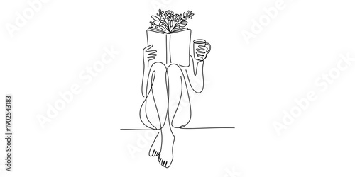 A minimalist line art illustration of a person sitting and reading a book while enjoying a drink Vector, illustration