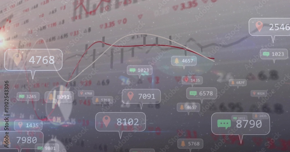Naklejka premium Showing trading dashboard with red or white line graph, candlesticks, floating numeric callouts