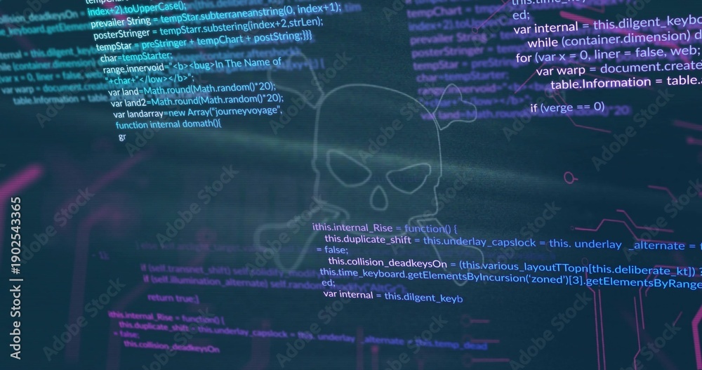 Naklejka premium Streaming skull emblem hovering on digital display, overlaying code, HUD rings, neon glitches