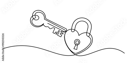 A single continuous line art drawing illustrating a key unlocking a heart-shaped padlock, symbolizing love and security. Vector, illustration