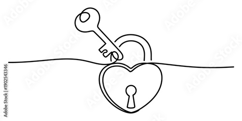 Continuous line art of a heart-shaped padlock being unlocked by a key, symbolizing love and connection. Vector, illustration