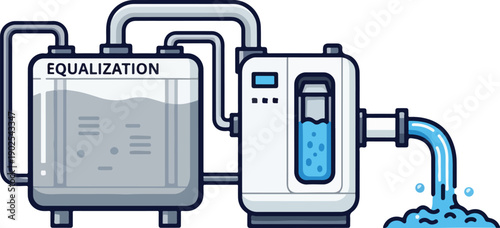 Water treatment process illustrated through equalization tank and filtration system with flowing water