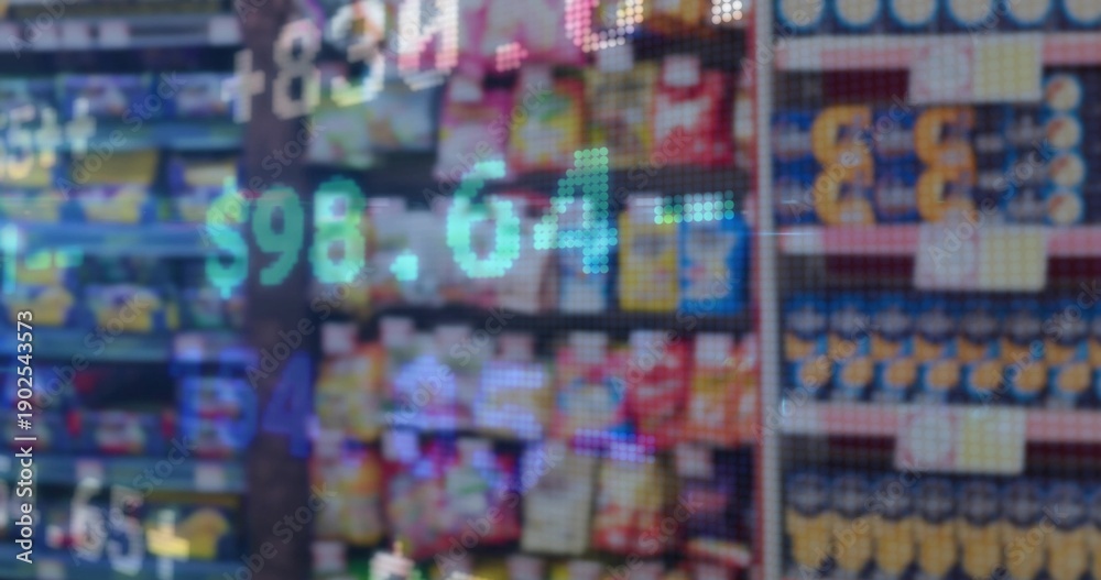 Fototapeta premium Displaying grocery snack shelving showing pixelated digital price overlay over product rows, cans