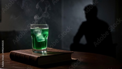Green drink with ice in dark setting
