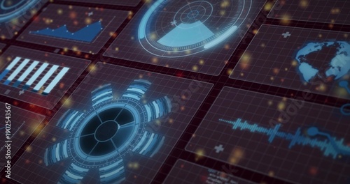 Displaying gear-shaped circular HUD glowing on dark gridded dashboard, with radar, waveform, globe