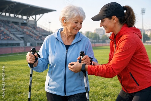Elderly woman with hearing aid learning Nordic walking with trainer by city stadium. green lawn and morning light emphasize learning, activity and active senior lifestyle in sports photography style