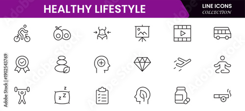 Healthy lifestyle icon set. Contains Icons for diet, exercise, sleep, running, routine, gym, nutrition, cardio exercises, sports supplements, yoga, self-care, culture, and hobbies.