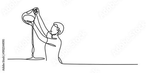 Continuous line art drawing of a person standing and adjusting a floor lamp Vector, illustration