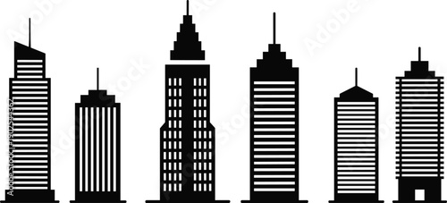Skyscraper building silhouettes set, modern city towers collection, urban architecture icons, black high rise buildings, isolated on white background