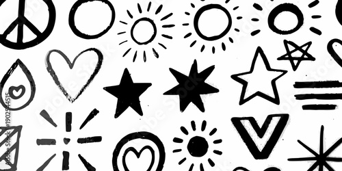 Black and white doodle pattern featuring hearts stars and peace signs