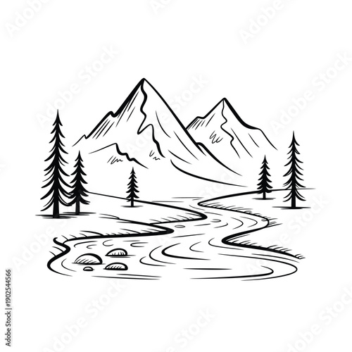A minimalist black and white illustration of mountains trees and a river