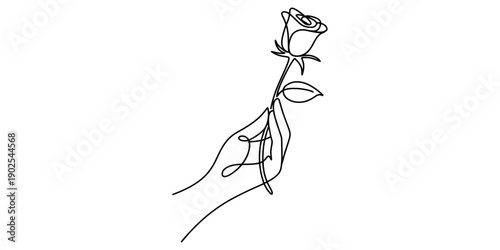 A minimalist continuous line drawing depicting a hand gently holding a single rose flower Vector, illustration