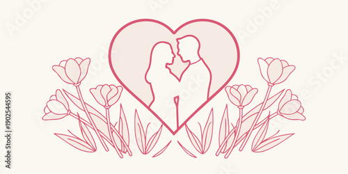 Couple embracing within a heart shape surrounded by stylized tulips