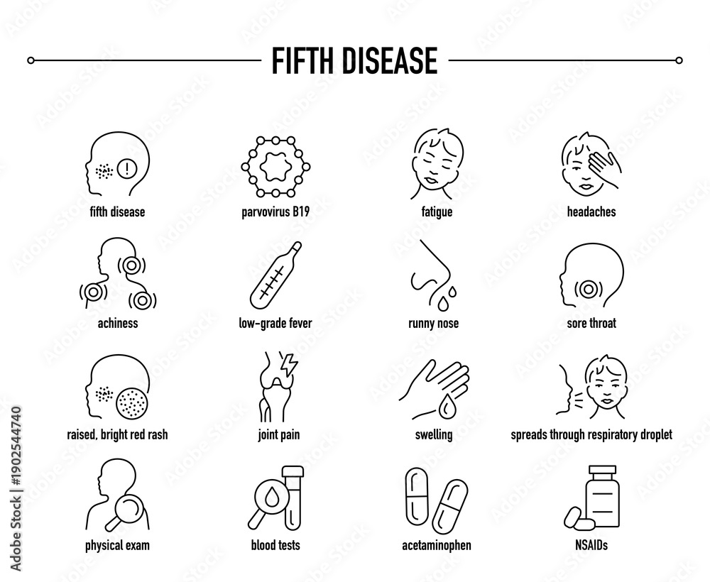 Fototapeta premium Fifth Disease symptoms, diagnostic and treatment vector icon set