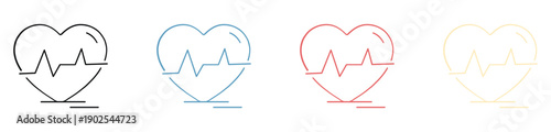 Three stylized heart line art icons with ecg heartbeat medical symbols in black blue and red colors on white background