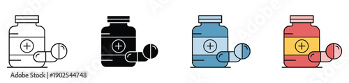 Set of four colorful medical supplement bottles with plus and minus icons isolated on white background