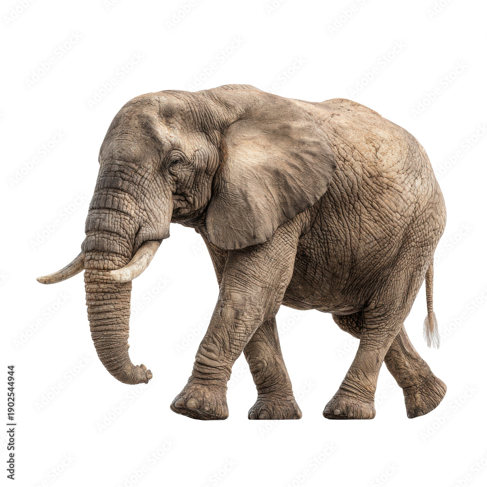 Fototapeta premium African elephant walking isolated on transparent background in full length view