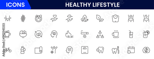 Healthy lifestyle icon set. Contains Icons for diet, exercise, sleep, running, routine, gym, nutrition, cardio exercises, sports supplements, yoga, self-care, culture, and hobbies.