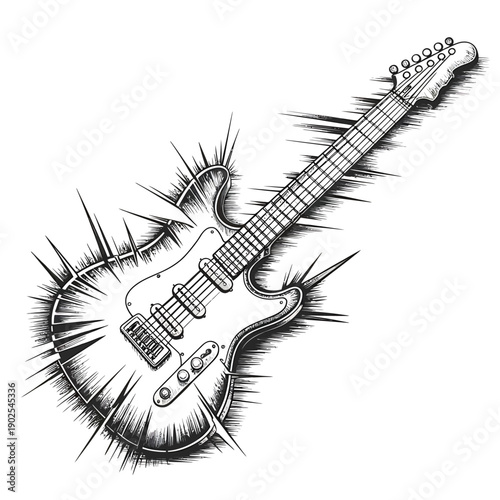 An artistic black and white illustration of an electric guitar with energy