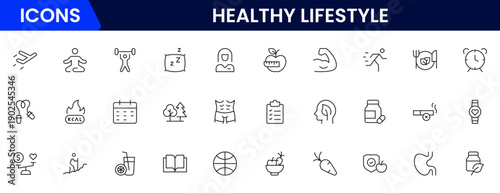 Healthy lifestyle icon set. Contains Icons for diet, exercise, sleep, running, routine, gym, nutrition, cardio exercises, sports supplements, yoga, self-care, culture, and hobbies.