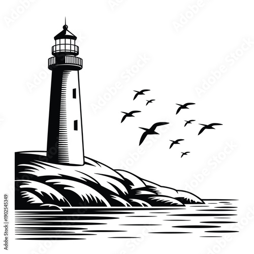 A striking black and white illustration of a lighthouse with flying birds