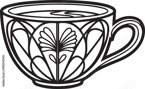 Decorative Teacup Line Art Vector Illustration with Floral Pattern