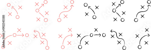 Sports Strategy Play Icons Set with Arrows, X and O Symbols Isolated on White Background