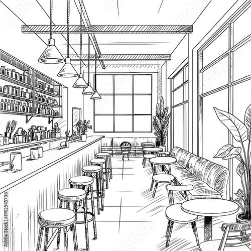 Sketch of a modern cafe interior with bar seating and plants