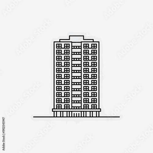 Minimalist line drawing depicts a tall rectangular apartment building
