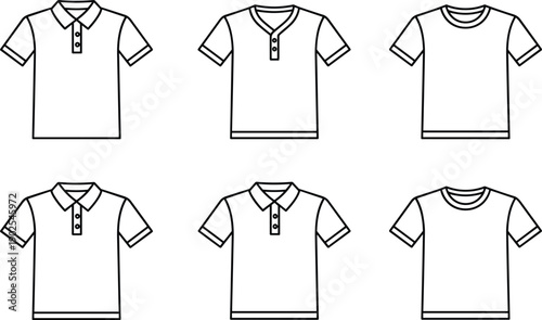 Polo and t shirt outline illustration set casual clothing apparel fashion tops vector design isolated collection
