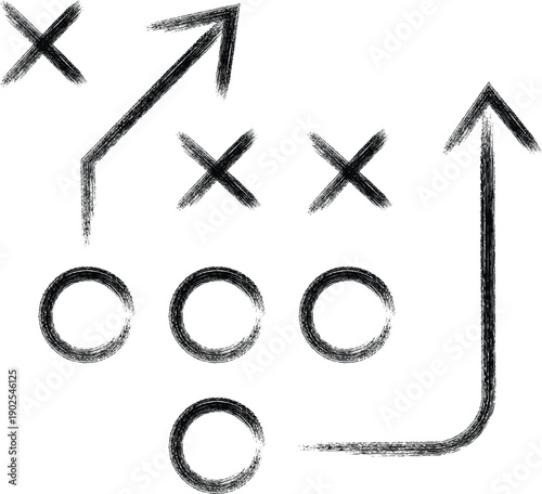 Hand drawn football strategy Xs and Os plays on whiteboard background