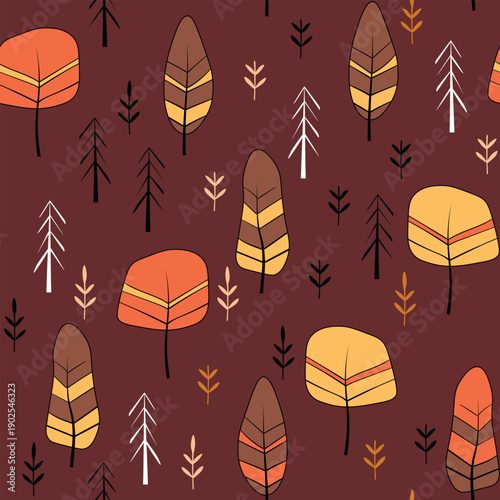 Seamless pattern with trees, plants. Color vector background. Spring, autumn tree for your design. Eco idea concept. Print design for wallpapers, fabric, textile.