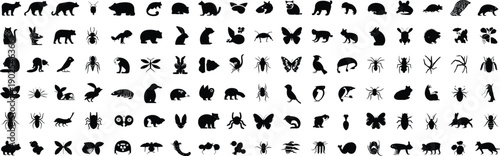 Animal and insect silhouettes mega collection, wildlife mammals birds bugs icons, black vector silhouettes isolated on white background