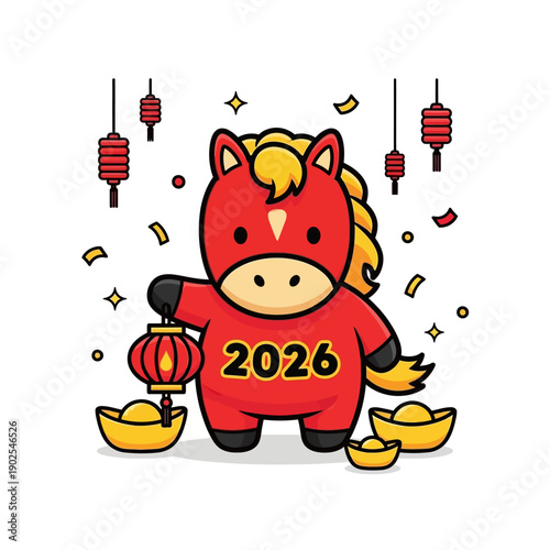 Charming red horse character celebrating Lunar New Year 2026, holding a traditional lantern amidst golden ingots and festive confetti, symbolizing good fortune and prosperity