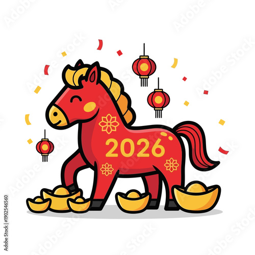 Festive Red Horse Icon Celebrating the Lunar New Year 2026, Adorned with Traditional Motifs, Gold Ingots, and Hanging Lanterns for Prosperity and Joy