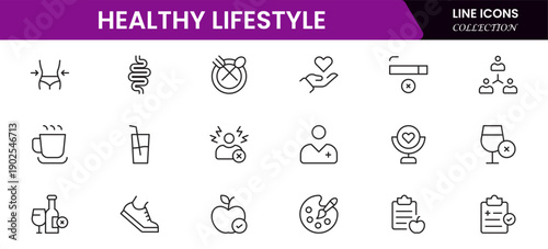 Healthy lifestyle icon set. Contains Icons for diet, exercise, sleep, running, routine, gym, nutrition, cardio exercises, sports supplements, yoga, self-care, culture, and hobbies.