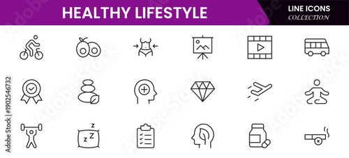 Healthy lifestyle icon set. Contains Icons for diet, exercise, sleep, running, routine, gym, nutrition, cardio exercises, sports supplements, yoga, self-care, culture, and hobbies.