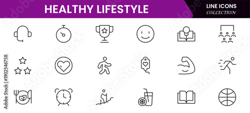 Healthy lifestyle icon set. Contains Icons for diet, exercise, sleep, running, routine, gym, nutrition, cardio exercises, sports supplements, yoga, self-care, culture, and hobbies.