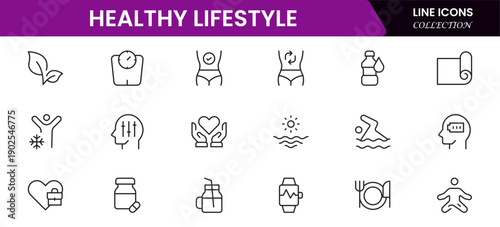 Healthy lifestyle icon set. Contains Icons for diet, exercise, sleep, running, routine, gym, nutrition, cardio exercises, sports supplements, yoga, self-care, culture, and hobbies.