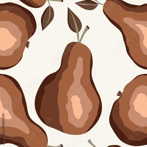 Seamless pattern with pear on color background. Natural delicious fresh ripe tasty fruit. Sweet pears with leaves. Food concept. Vector illustration for print, fabric, textile.