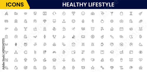 Healthy lifestyle icon set. Contains Icons for diet, exercise, sleep, running, routine, gym, nutrition, cardio exercises, sports supplements, yoga, self-care, culture, and hobbies.