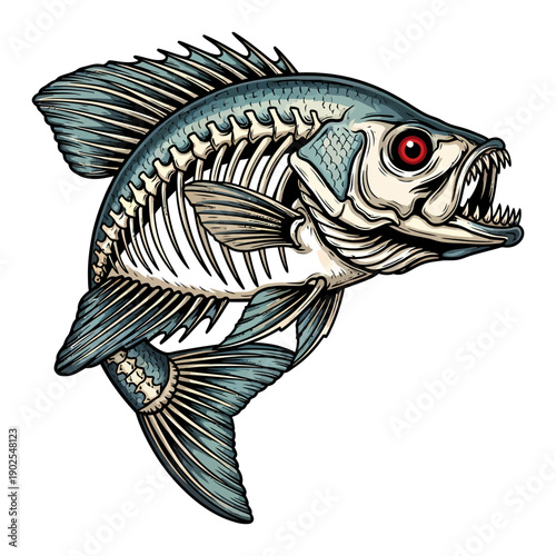 Skeleton fish crappie with red eye and sharp teeth illustration