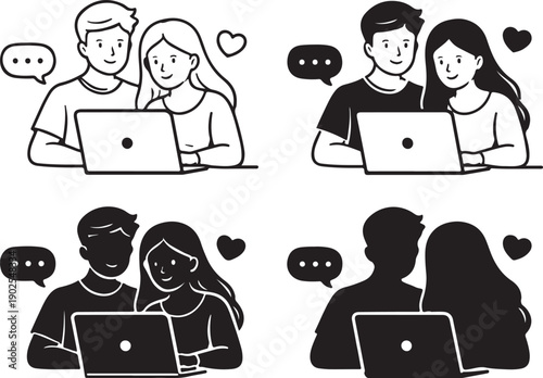 Groups of people engaging with laptops and expressing emotions through symbols isolated on white background, illustration