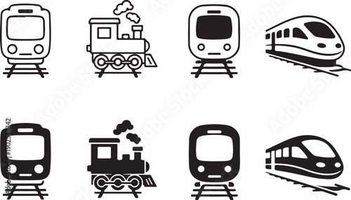 collection of various trains and locomotives in a simple line drawing style isolated on white background, illustration